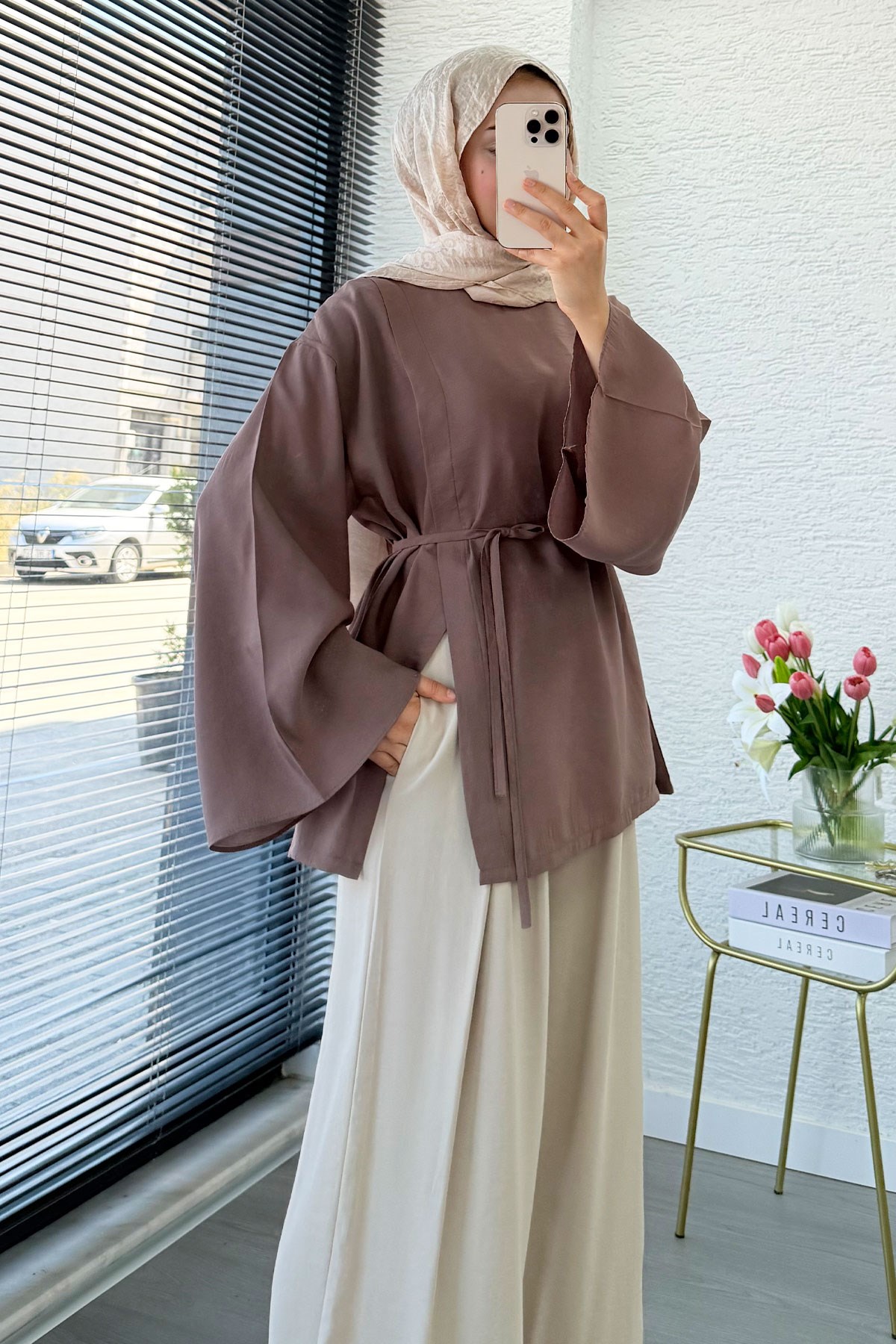 Yandan Yırtmaçlı Volan Kol Modal Bluz – Gül Kurusu