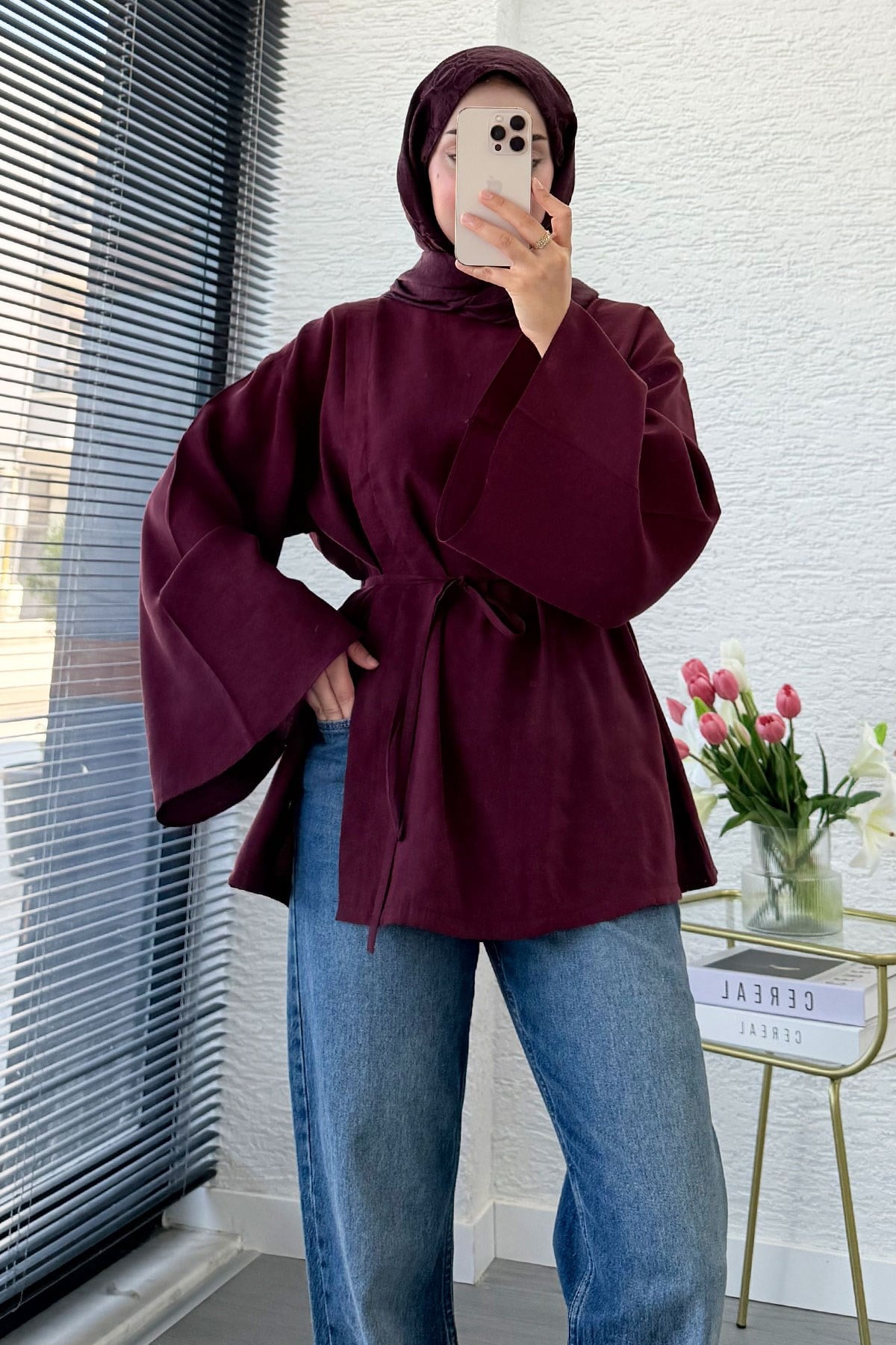Yandan Yırtmaçlı Volan Kol Modal Bluz – Bordo