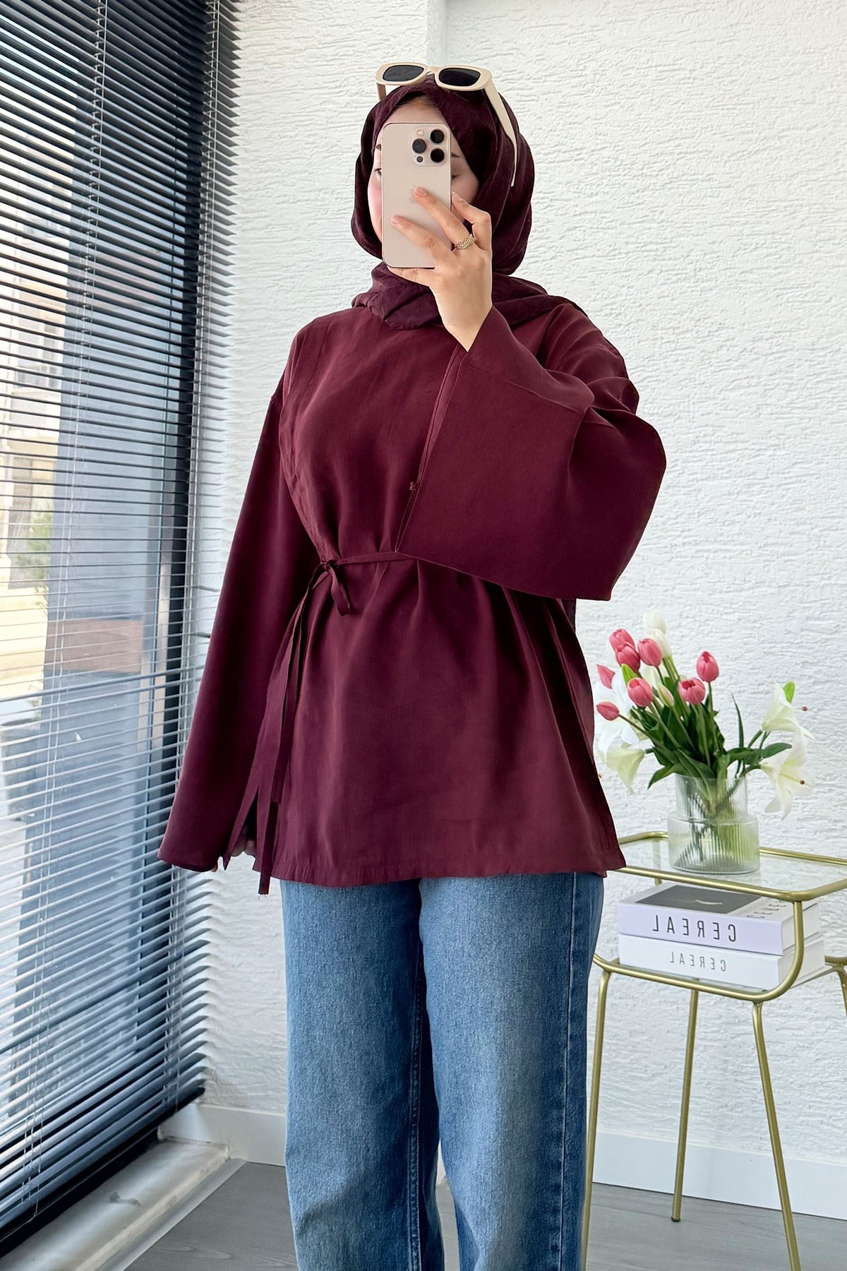 Yandan Yırtmaçlı Volan Kol Modal Bluz – Bordo