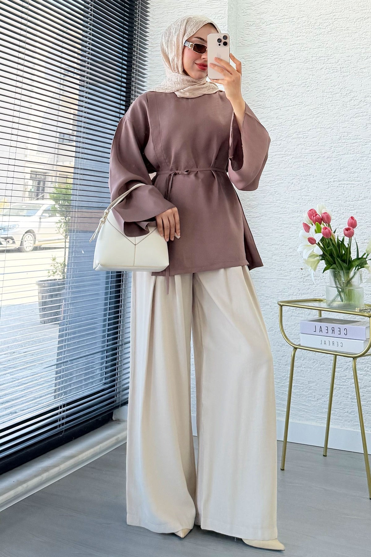 Yandan Yırtmaçlı Volan Kol Modal Bluz – Gül Kurusu