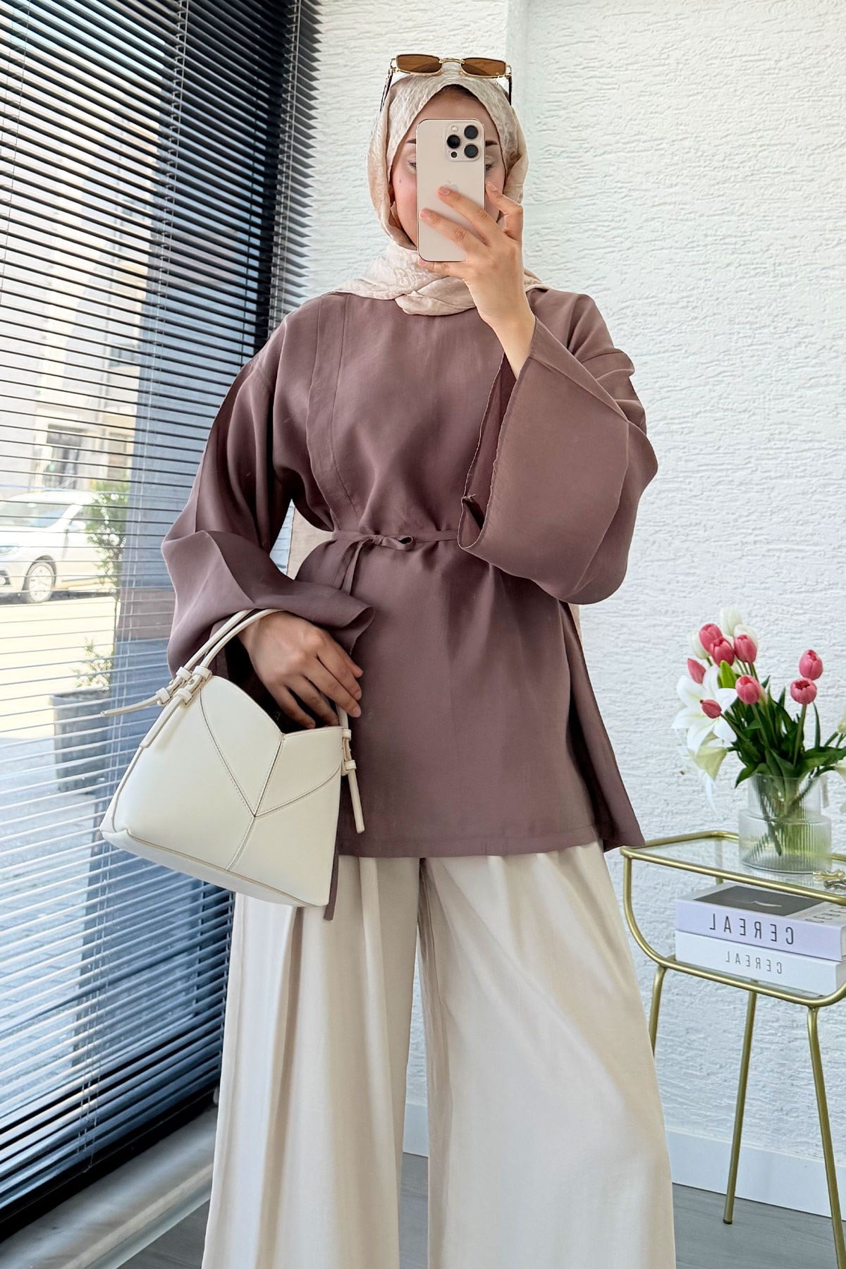 Yandan Yırtmaçlı Volan Kol Modal Bluz – Gül Kurusu