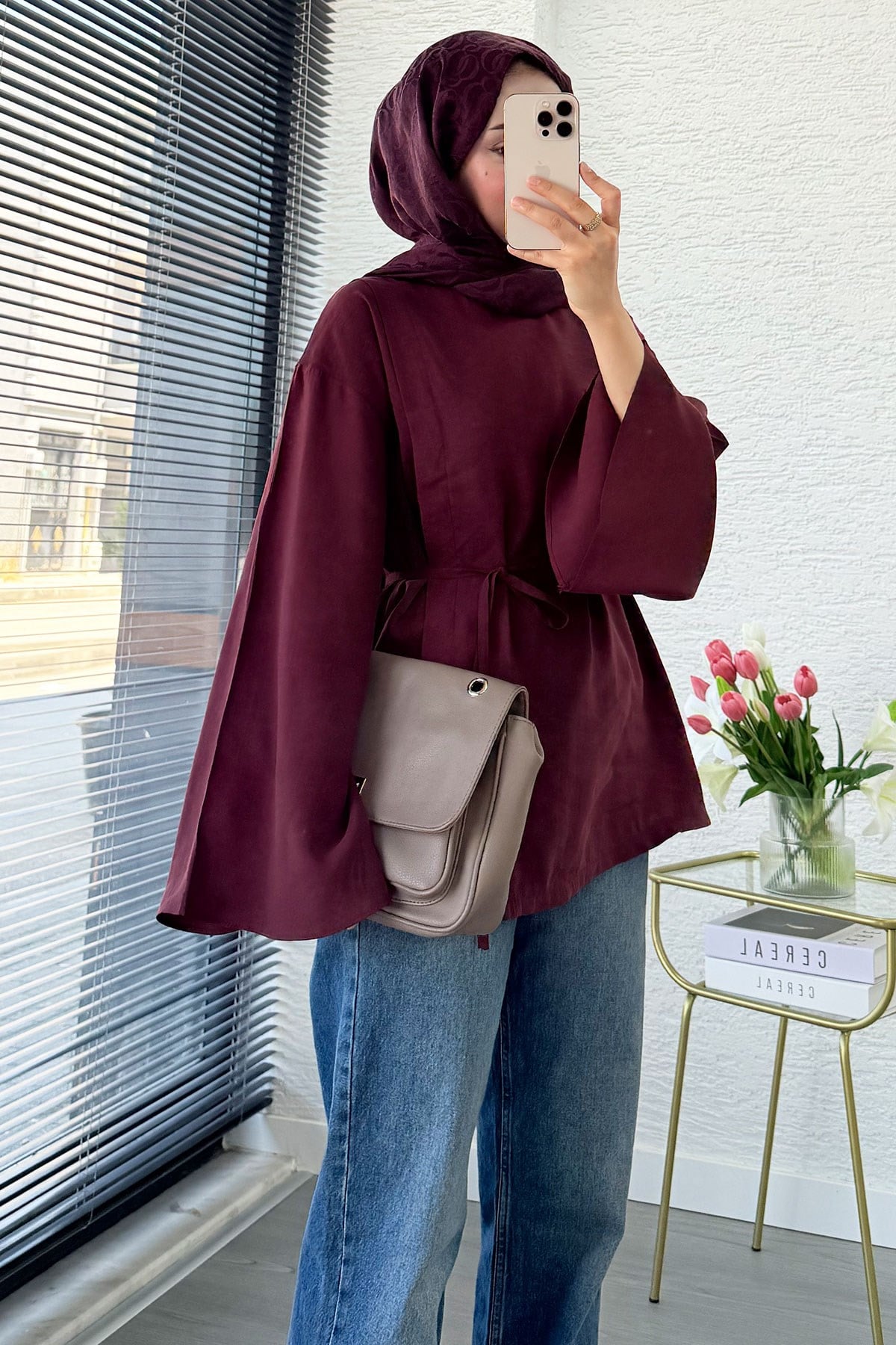 Yandan Yırtmaçlı Volan Kol Modal Bluz – Bordo