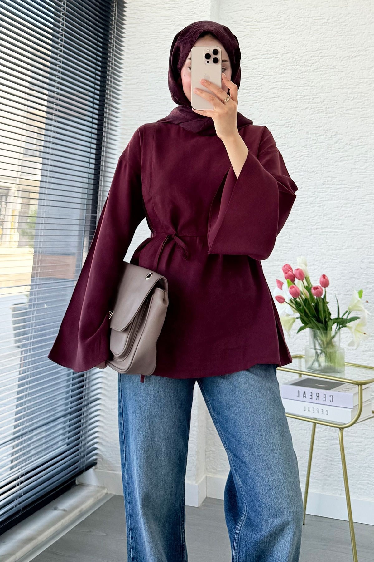 Yandan Yırtmaçlı Volan Kol Modal Bluz – Bordo