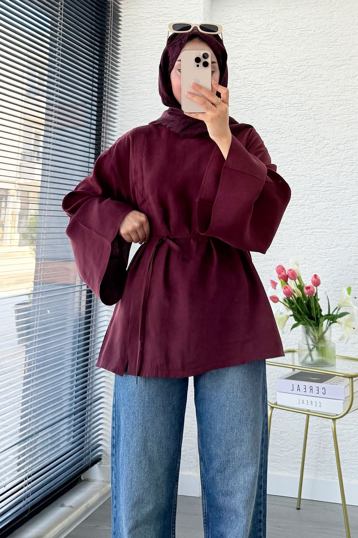Yandan Yırtmaçlı Volan Kol Modal Bluz – Bordo