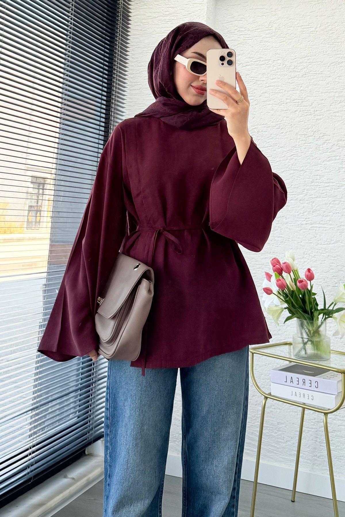 Yandan Yırtmaçlı Volan Kol Modal Bluz – Bordo