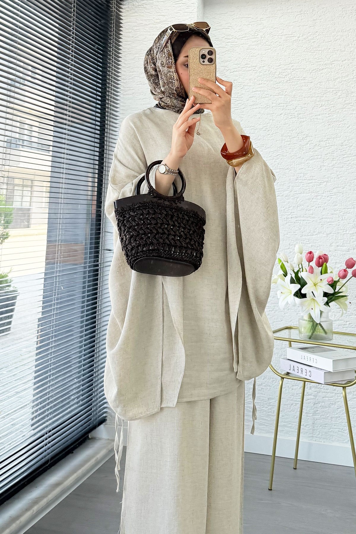 Yanları Büzgülü Yarasa Kol Premium Keten Pantolon Takım  - Naturel