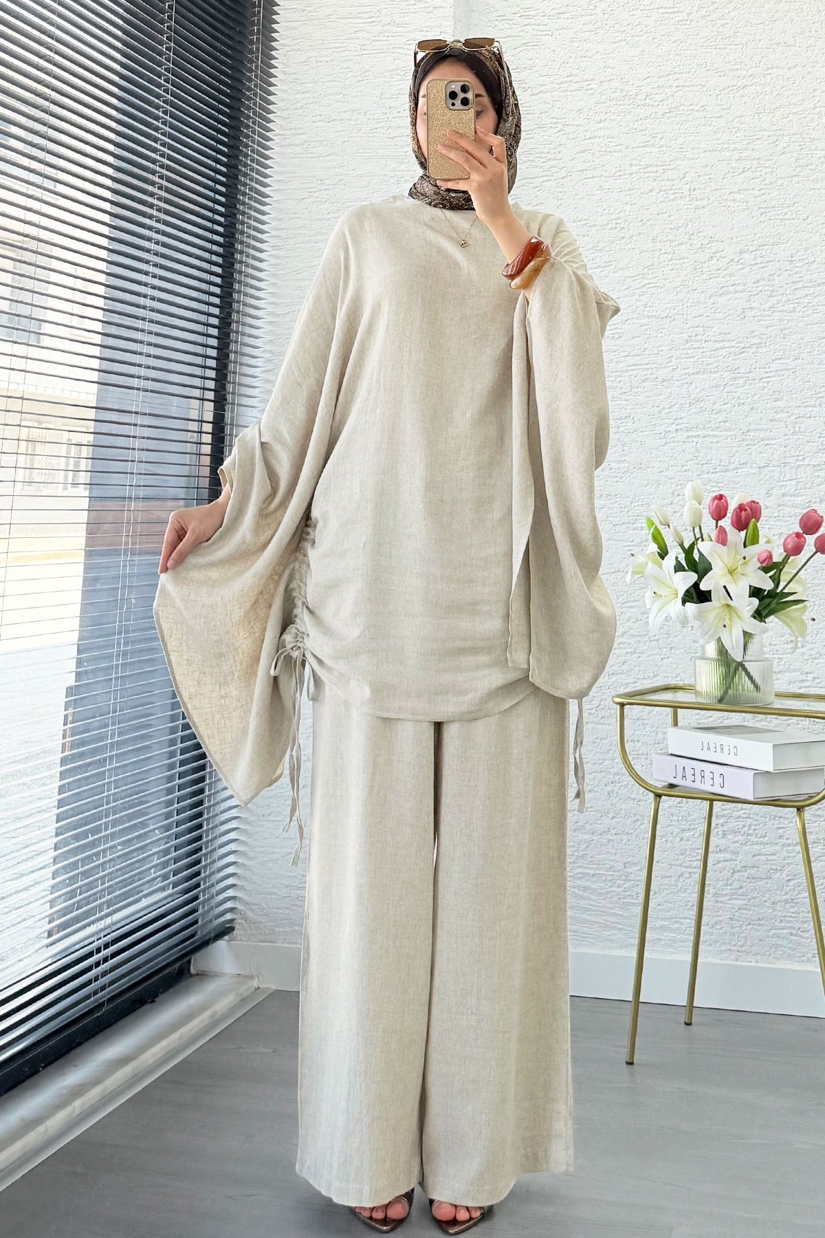 Yanları Büzgülü Yarasa Kol Premium Keten Pantolon Takım  - Naturel