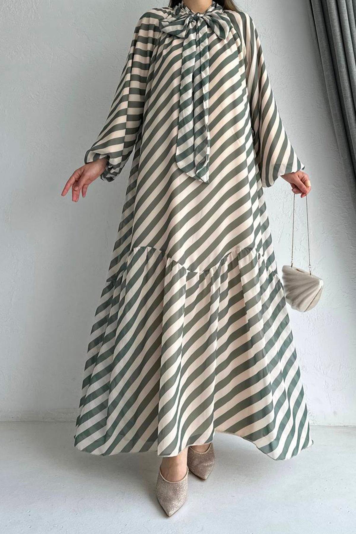 Yeşil Ahu Çizgili Şifon Elbise 