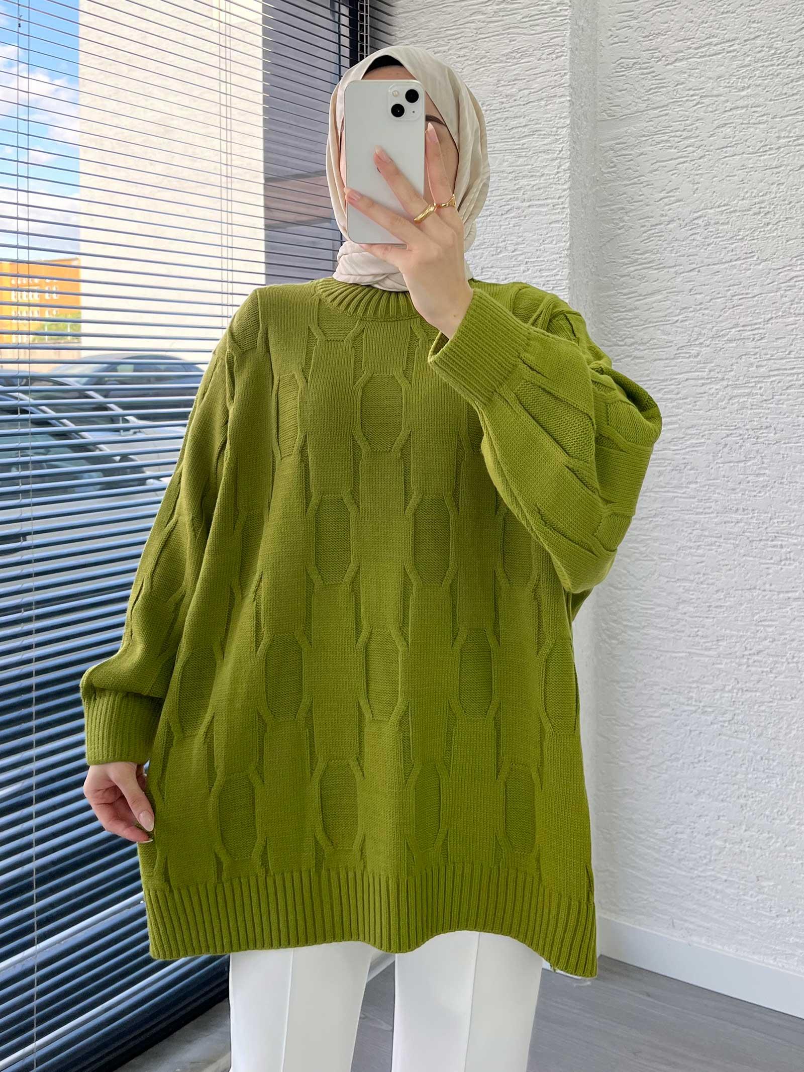 Yeşil Kare Desenli Oversize Kadın Kazak