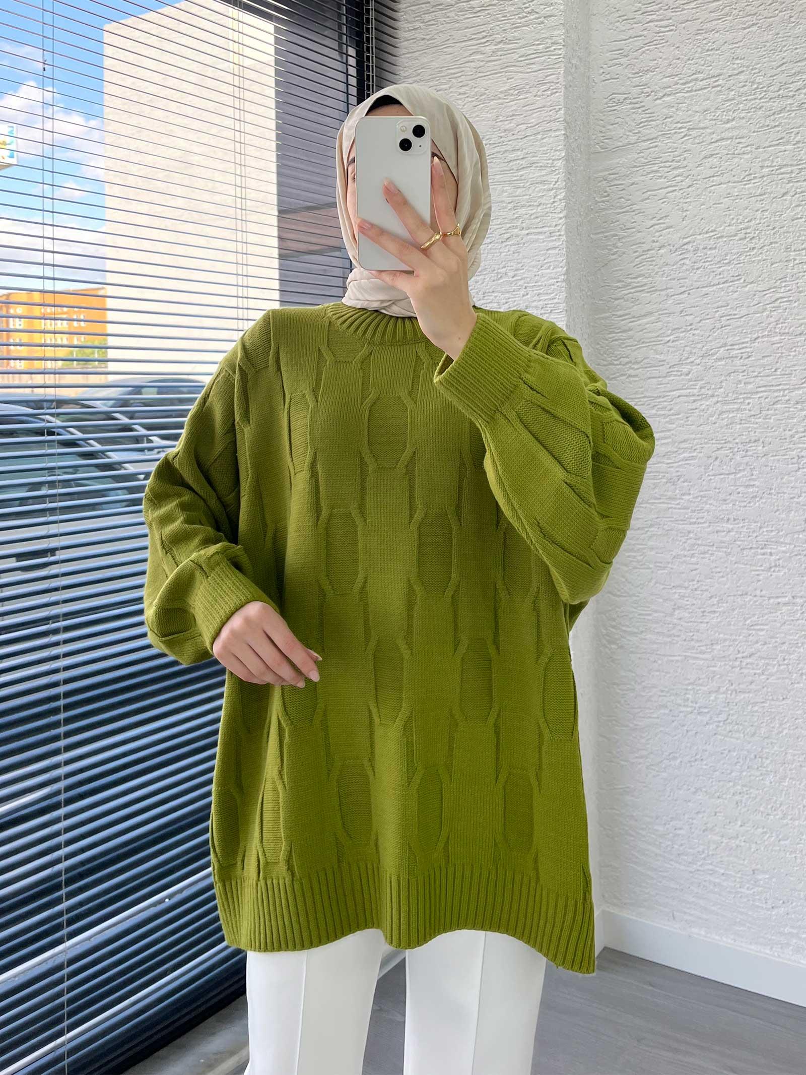 Yeşil Kare Desenli Oversize Kadın Kazak