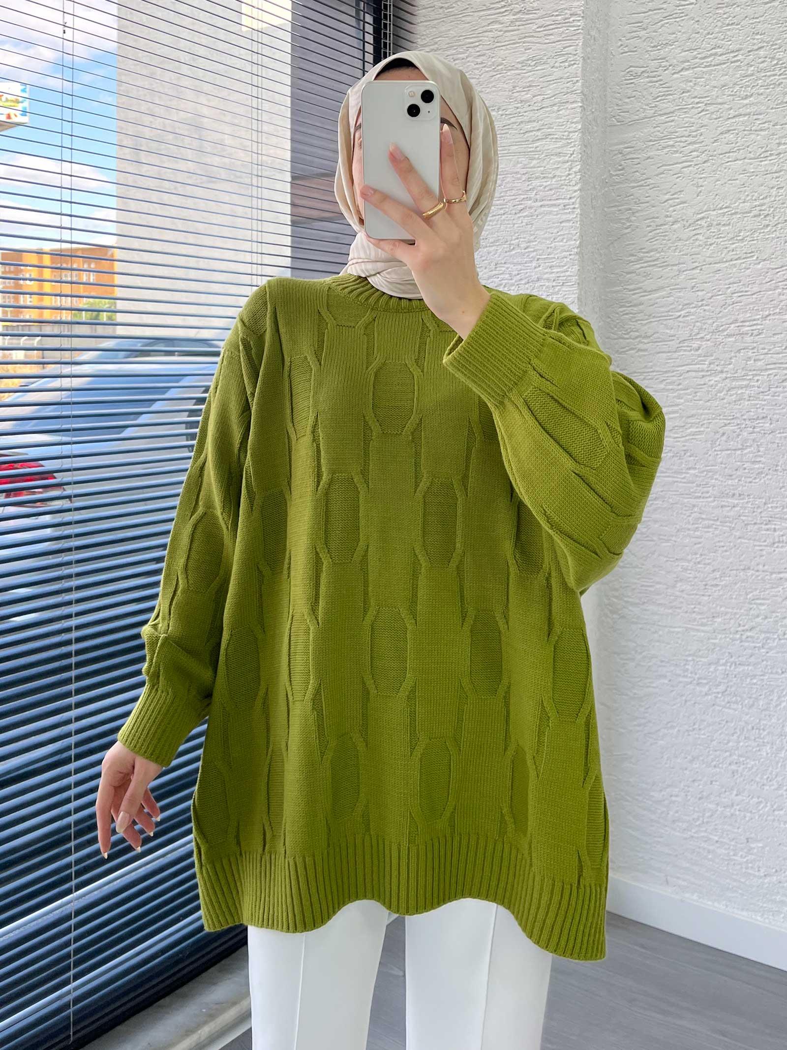 Yeşil Kare Desenli Oversize Kadın Kazak
