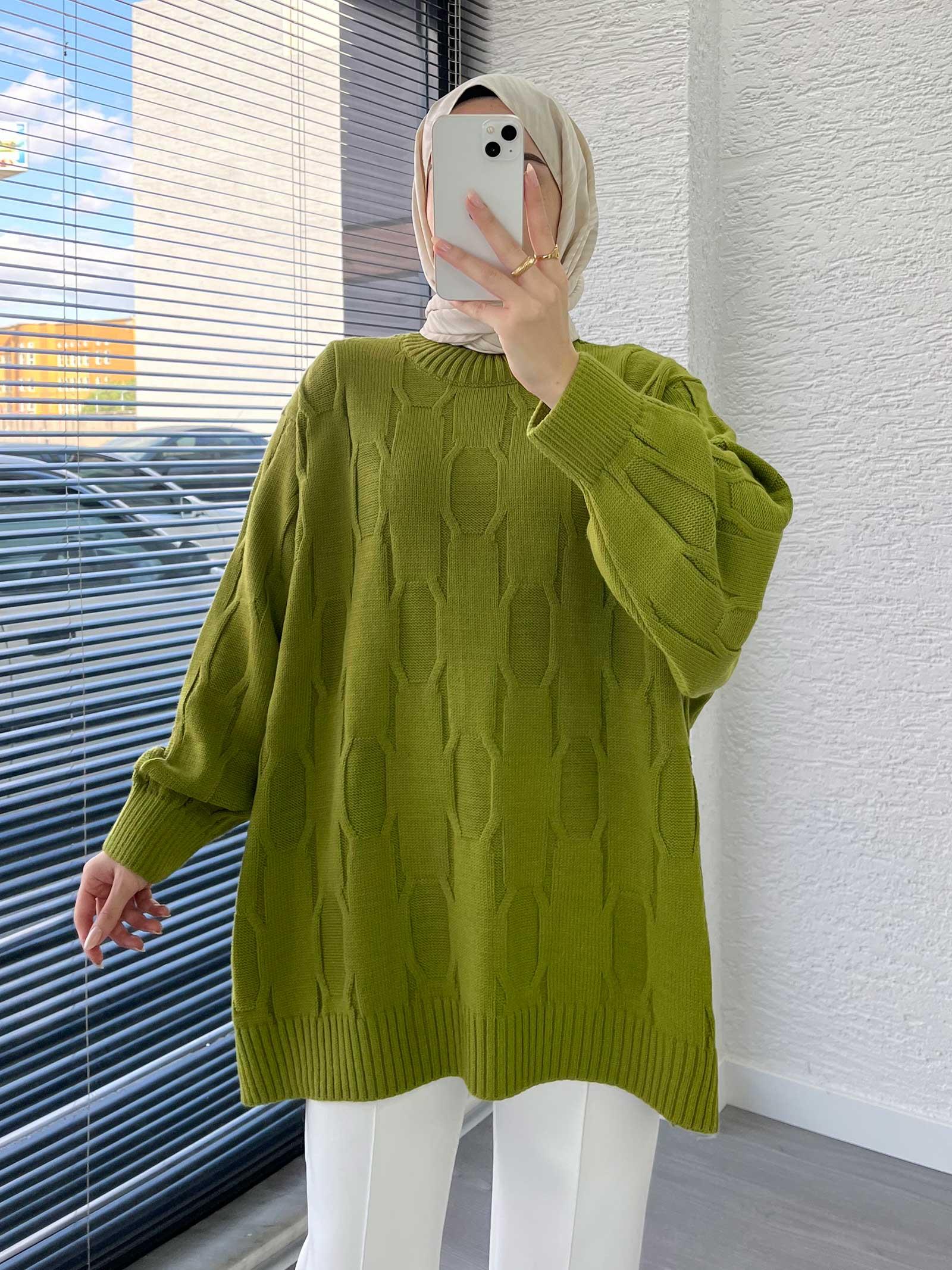 Yeşil Kare Desenli Oversize Kadın Kazak
