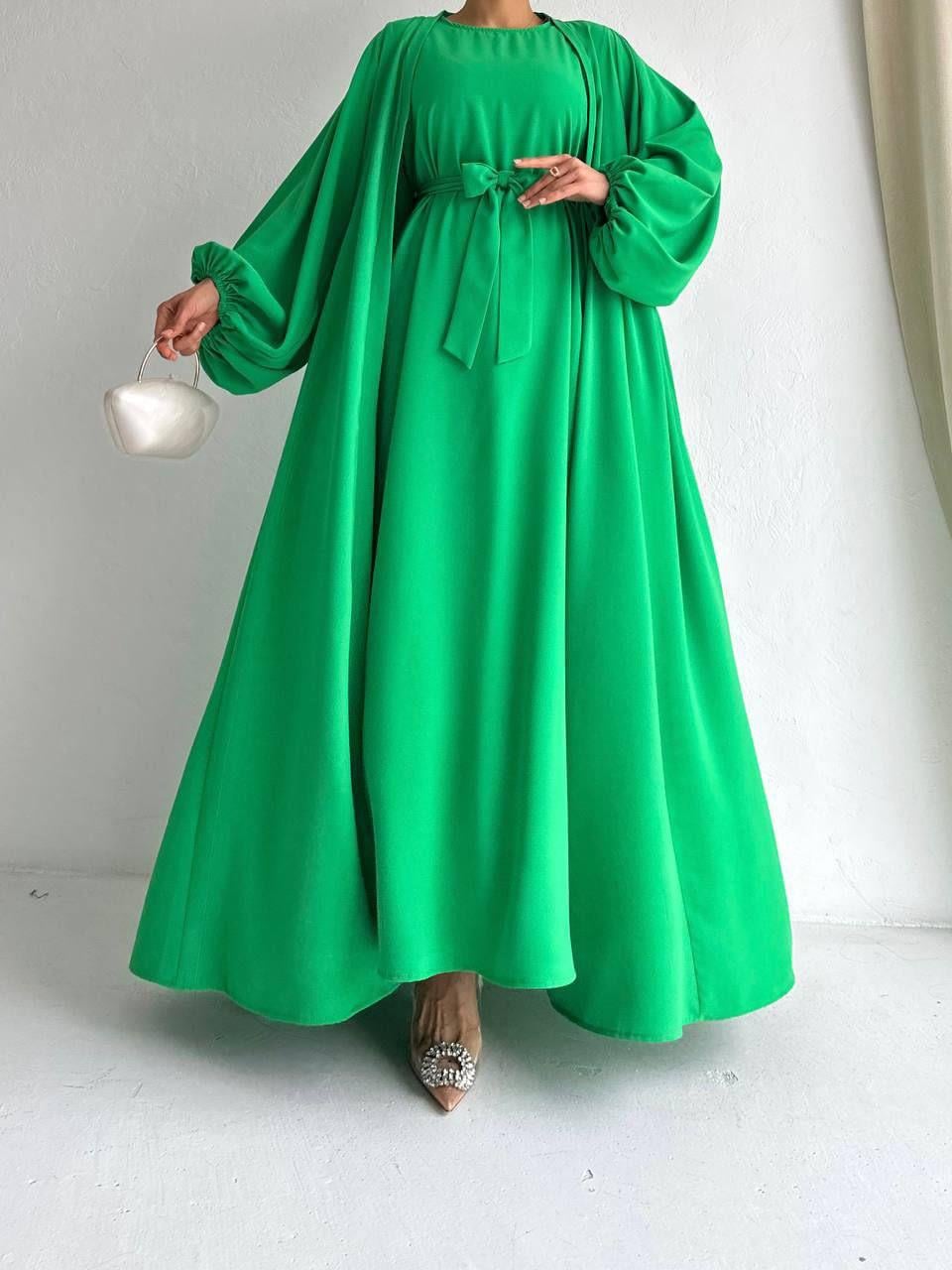 Yeşil Yanları Büzgülü Abaya Takım
