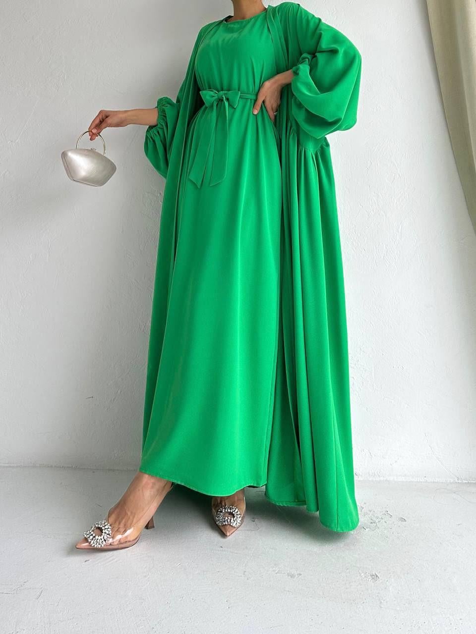 Yeşil Yanları Büzgülü Abaya Takım