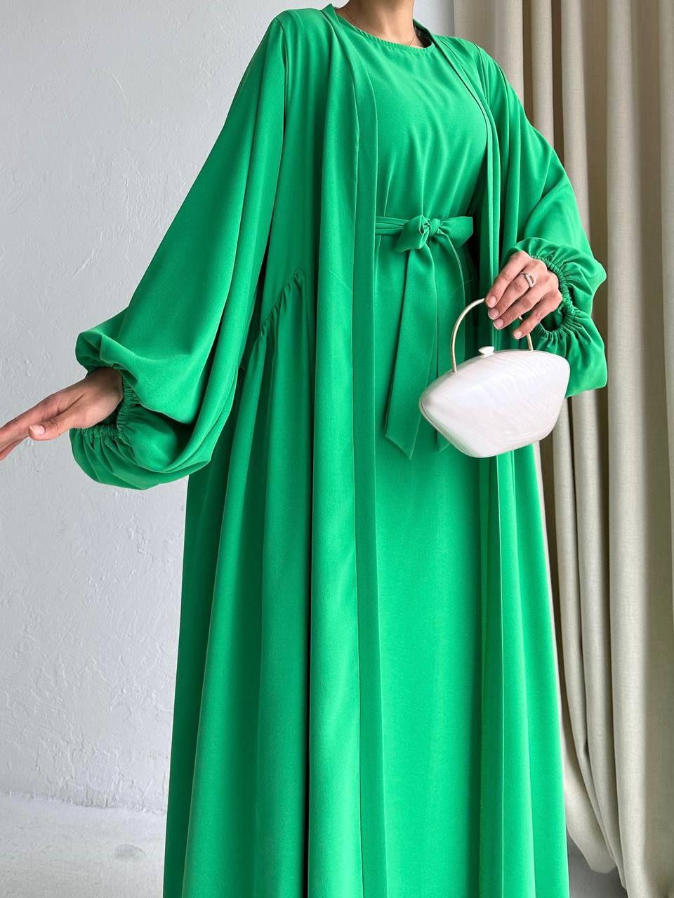 Yeşil Yanları Büzgülü Abaya Takım