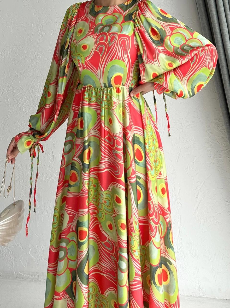 Yeşil Zühre Pastel Desen Elbise