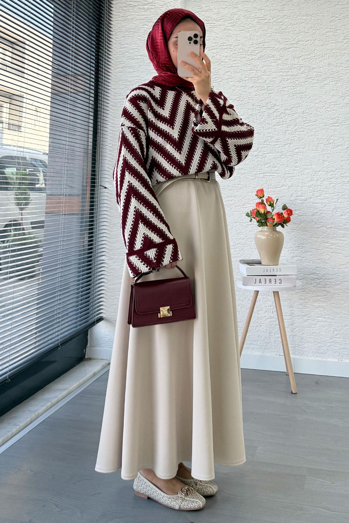 Zikzak Desenli Kısa Triko Kazak – Bordo