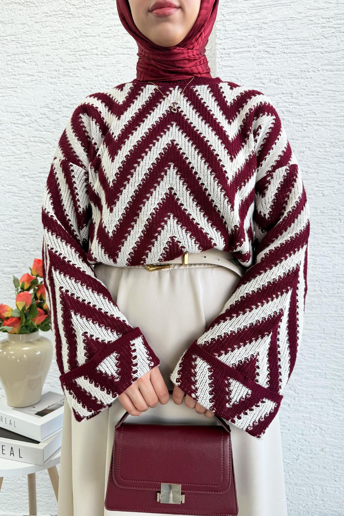 Zikzak Desenli Kısa Triko Kazak – Bordo