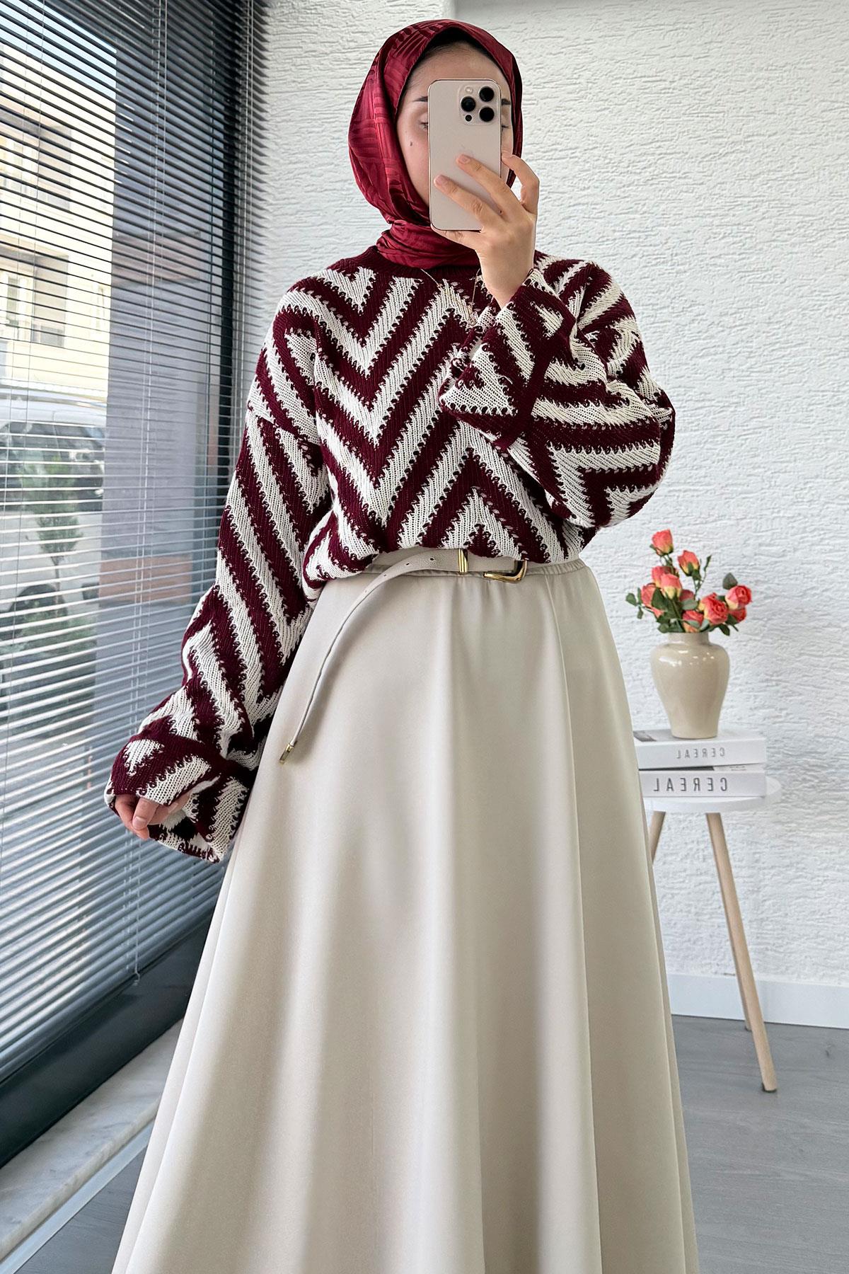 Zikzak Desenli Kısa Triko Kazak – Bordo