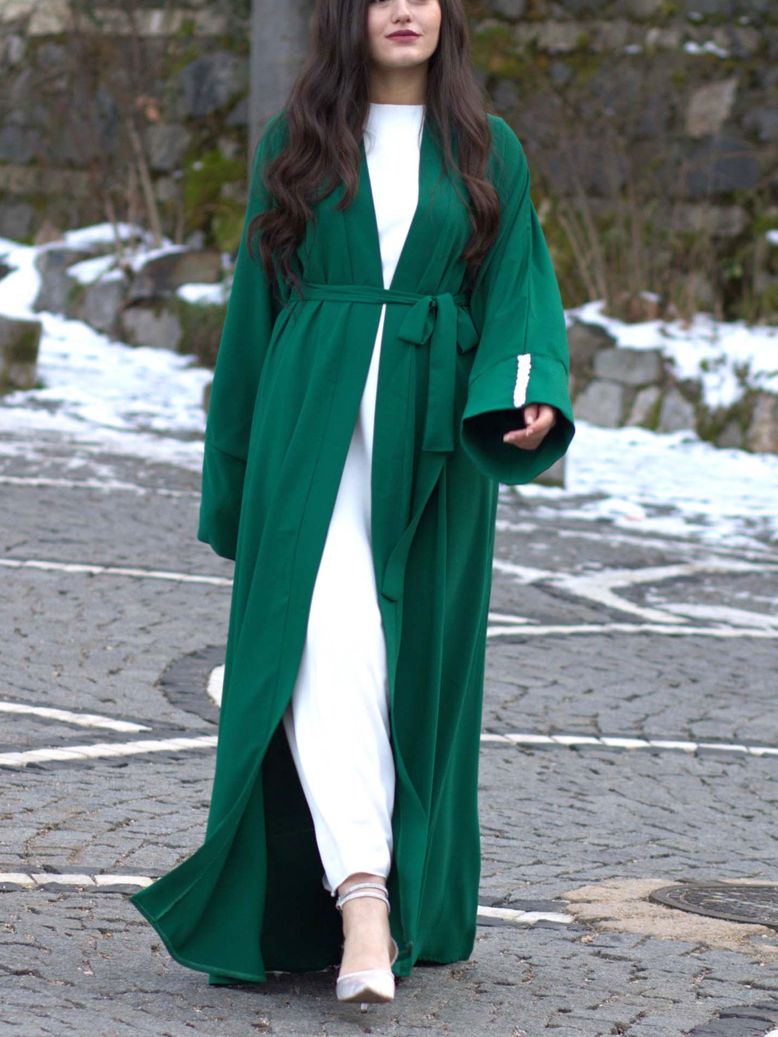 Zümrüt Kolu Taşlı Ala Abaya