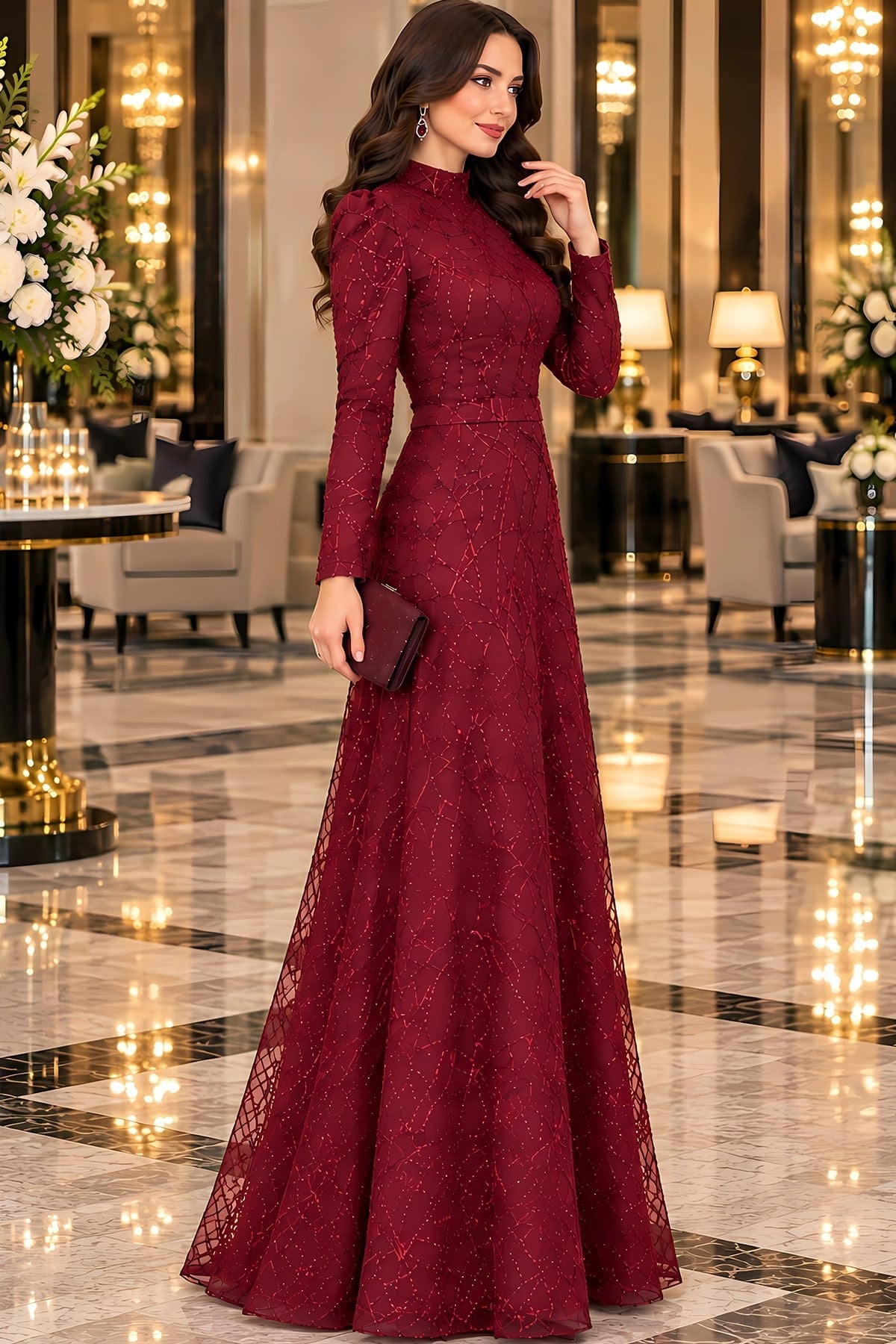 Asya Pul Payetli Tesettür Abiye Bordo