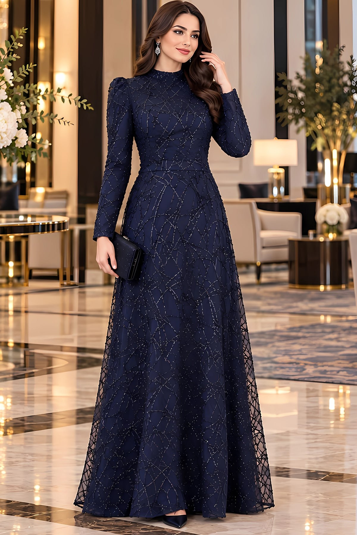Asya Pul Payetli Tesettür Abiye Lacivert