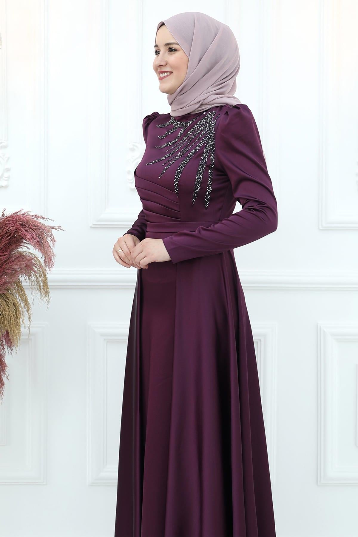 Berceste Saten Tesettür Abiye Mürdüm