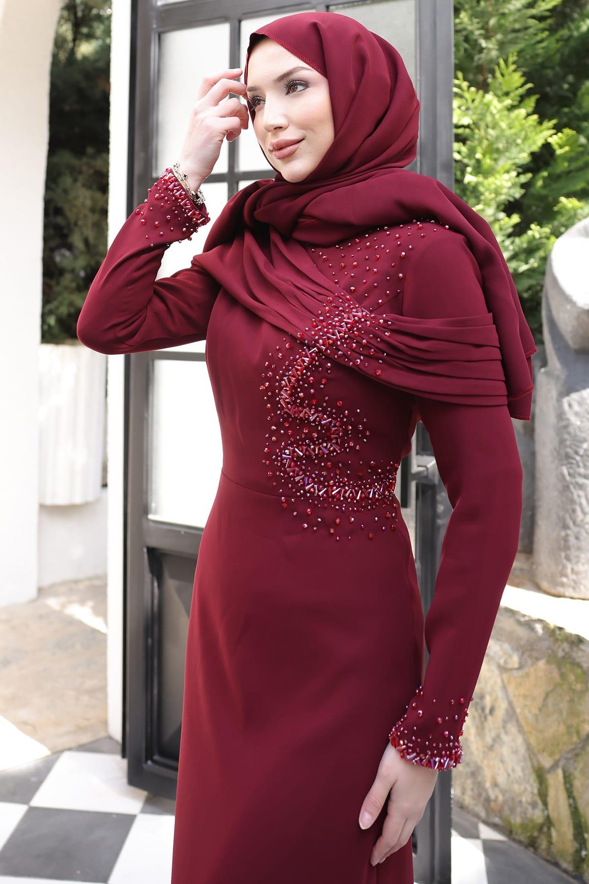 Ebru Tesettür Abiye Bordo