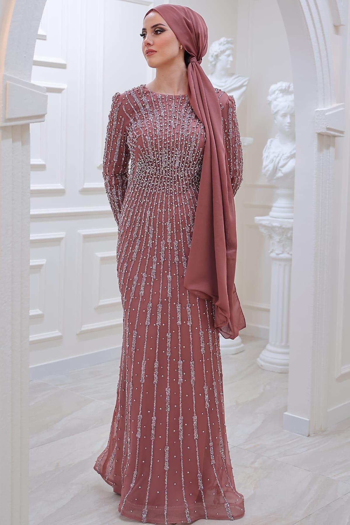 Elegant Taş Baskılı Tesettür Abiye Bakır