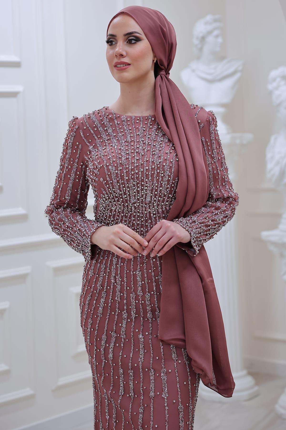 Elegant Taş Baskılı Tesettür Abiye Bakır