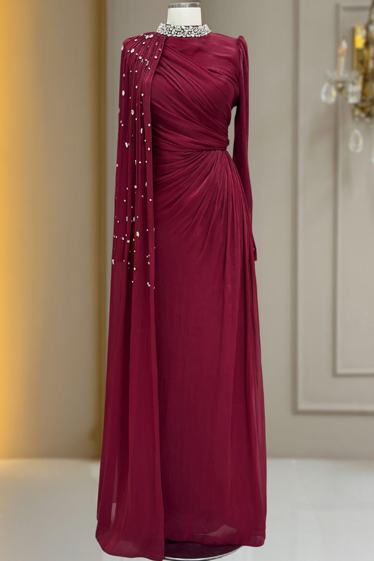 Helen Tesettür Abiye Bordo