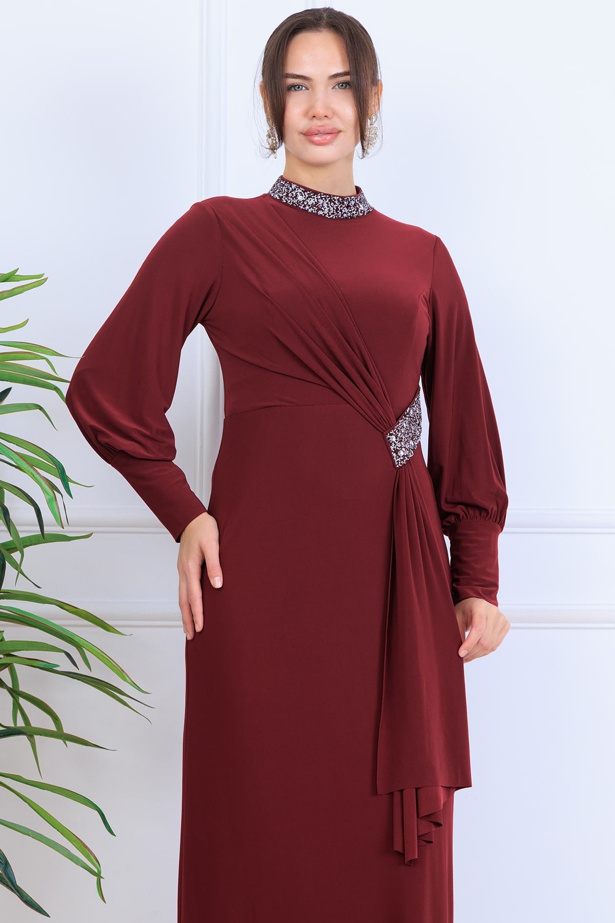 Melisa Tesettür Abiye Bordo
