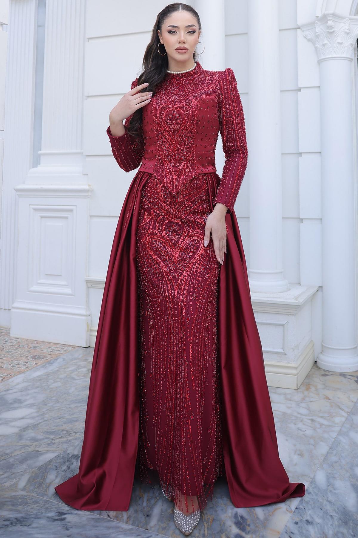 Mila Tesettür Abiye Bordo