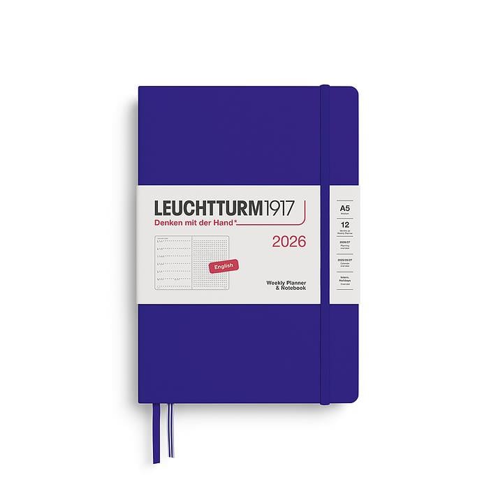 Leuchtturm1917 Orta Boy (A5) 12 Aylık Ajanda ve Not Defteri (Noktalı) 2026 Sert Kapak, İngilizce, Ink Mavi 372705