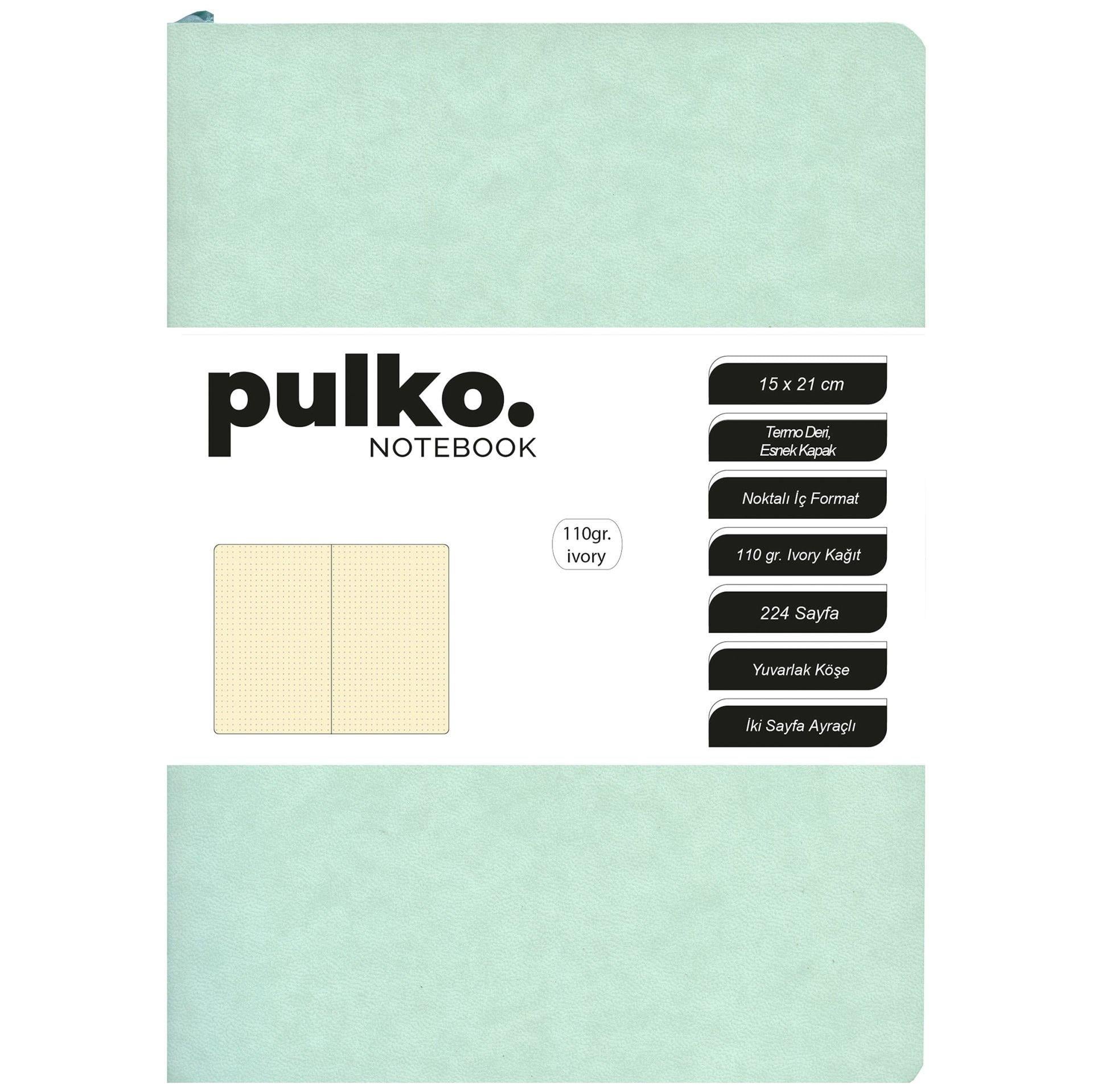 Pulko Defter 110gr Ivory Kağıt, A5, Termo Deri, 224 Sayfa, Noktalı, 044, Nane Yeşili
