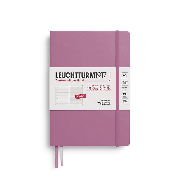 Leuchtturm1917 Orta Boy (A5) 18 Aylık Ajanda ve Not Defteri (Çizgili) 2026 Sert Kapak, İngilizce, Tozlu Gül 372797