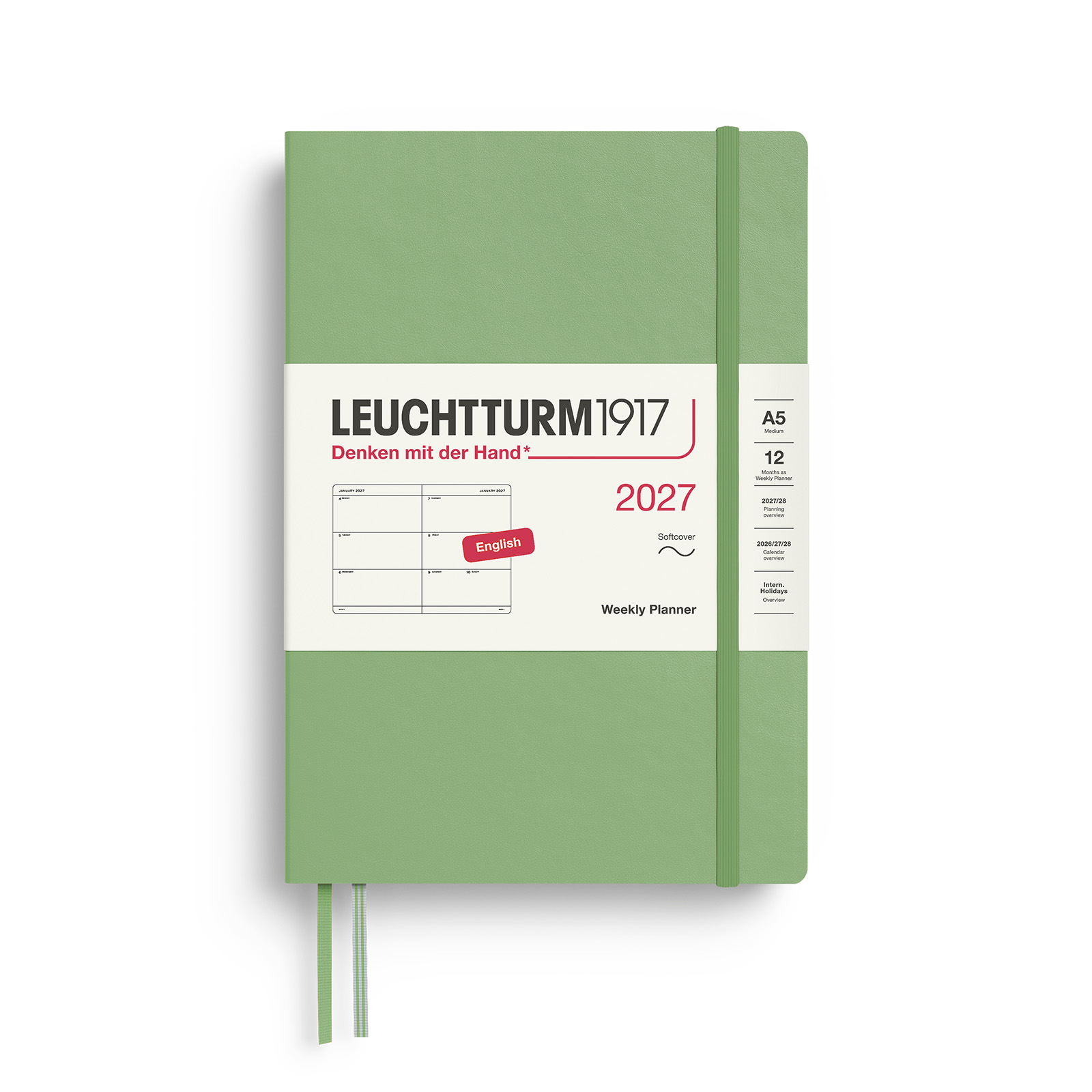 Leuchtturm1917 Planner 2027 - 12M Haftalık Planner Medium A5 2027 Yumuşak Kapaklı İngilizce Sage 400297