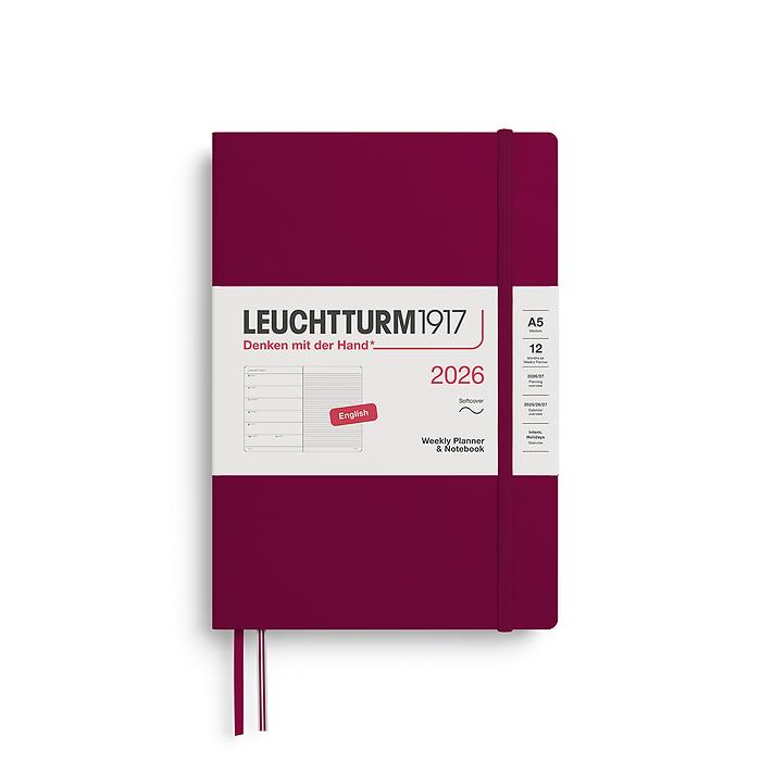 Leuchtturm1917 Orta Boy (A5) 12 Aylık Ajanda ve Not Defteri (Çizgili) 2026 Yumuşak Kapak, İngilizce, Liman Kırmızısı 372674