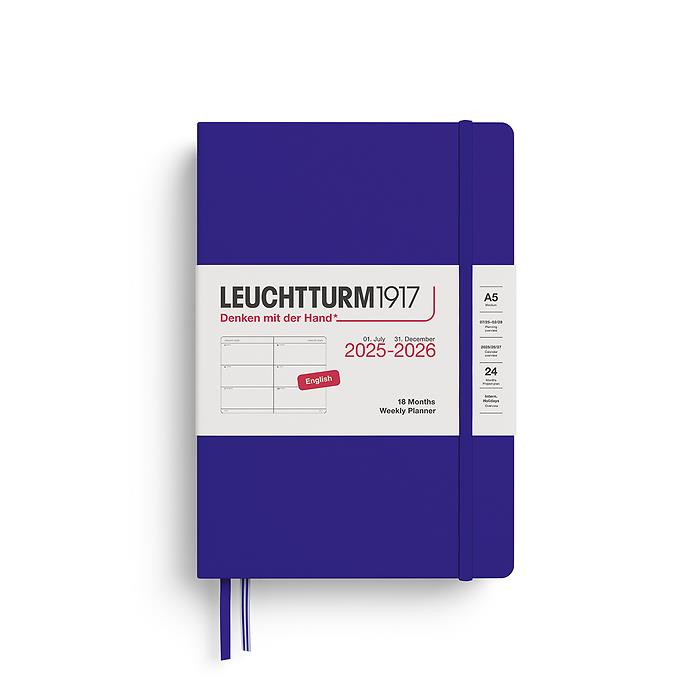 Leuchtturm1917 Orta Boy (A5) 18 Aylık Haftalık Ajanda 2026 Sert Kapak, İngilizce, Ink Mavi 372813