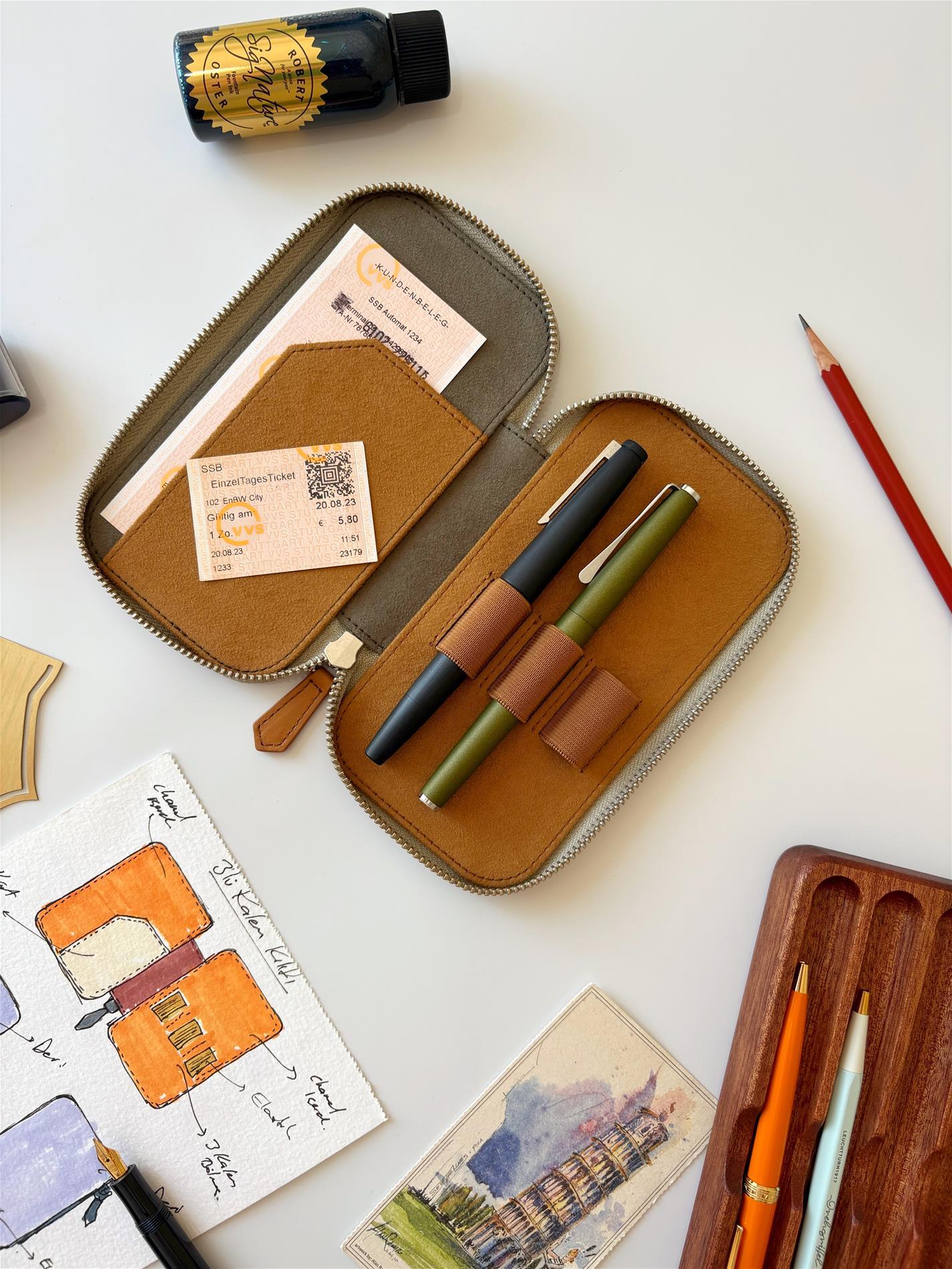 Eng Leather  Deri Koleksiyonu 3'lü Kalem Çantası Olive Tan