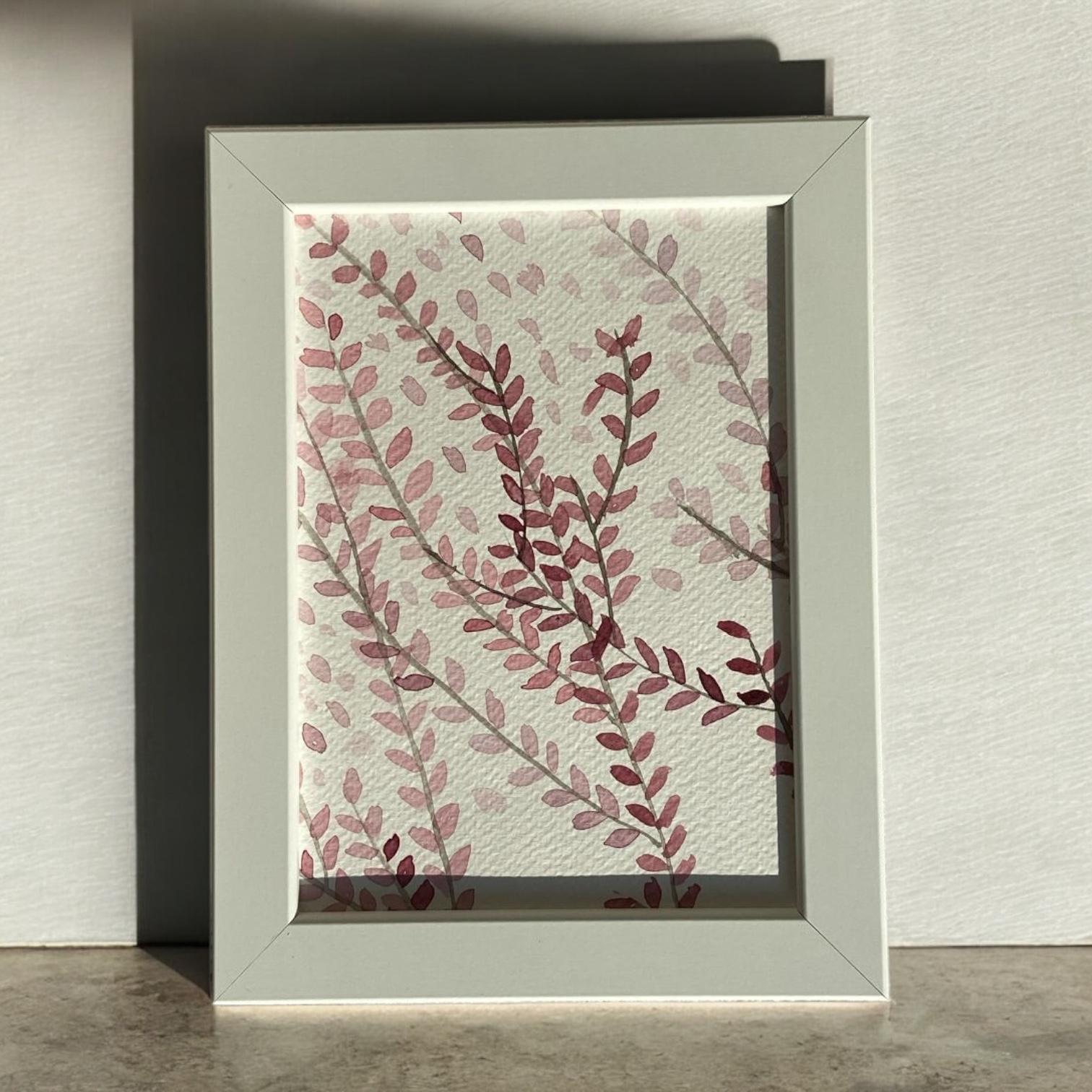 Pink Leaves Suluboya El Yapımı Çerçeveli Resim