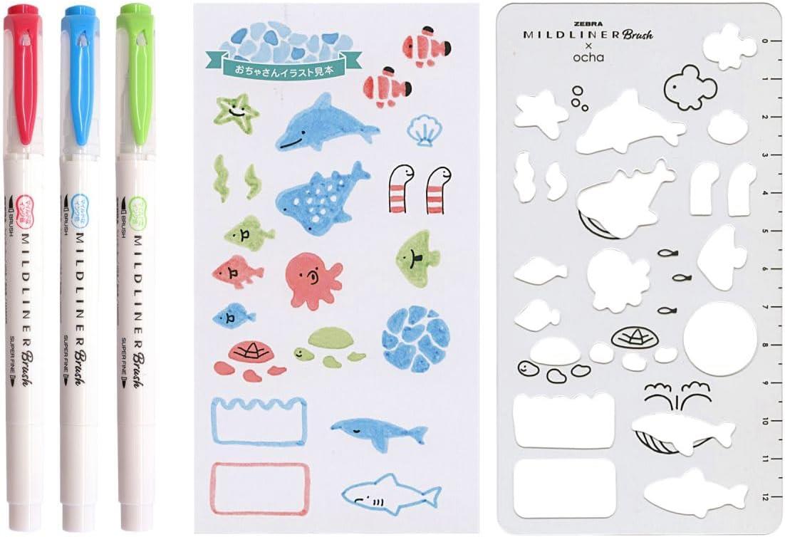 Zebra  Mildliner Limited Edition Brush with Template x Ocha Kalem Seti Ocha-San ea Friends Set