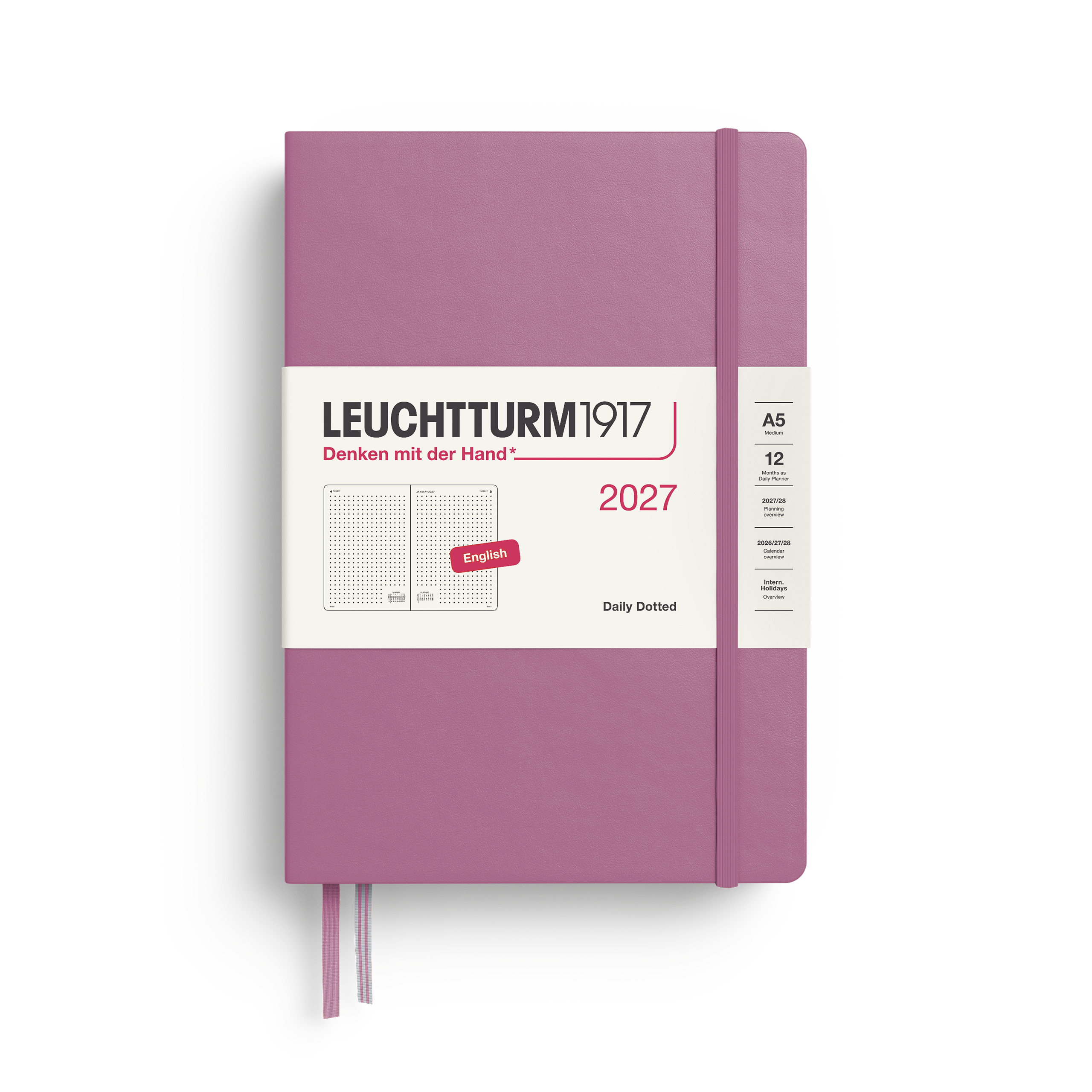 Leuchtturm1917 Planner 2027 - 12M Günlük Planner Noktalı Medium A5 2027 İngilizce Dusty Rose 400334
