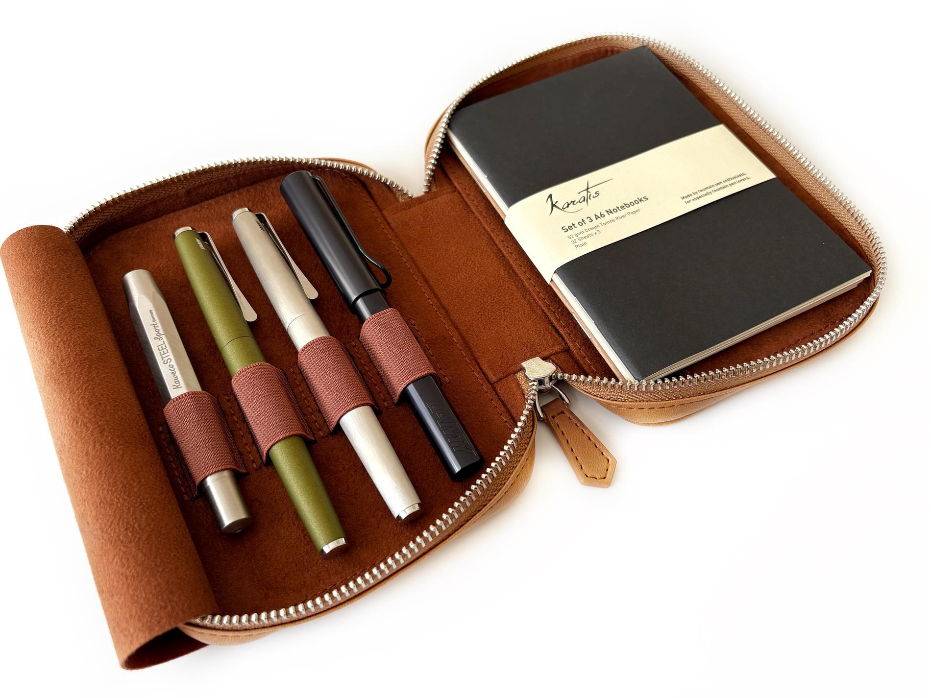 Eng Leather Vegan Apple Skin Sahra - Dark 4 lü Kalem Kılıfı ve A6 Ebatlı Notluk 