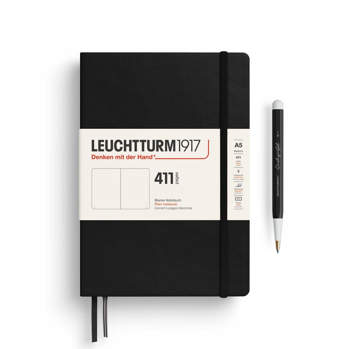 Leuchtturm1917 Not Defteri Orta Boy (A5), Sert Kapak, 411 Numaralandırılmış Sayfa, Çizgisiz,Black 372930