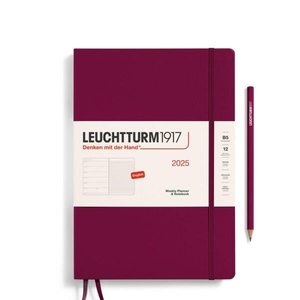 Leuchtturm1917 2025 Haftalık Planlayıcı ve Not Defteri, Tablet Boy (B5), 144 Sayfa, İngilizce, Çizgili, Port Red 370640