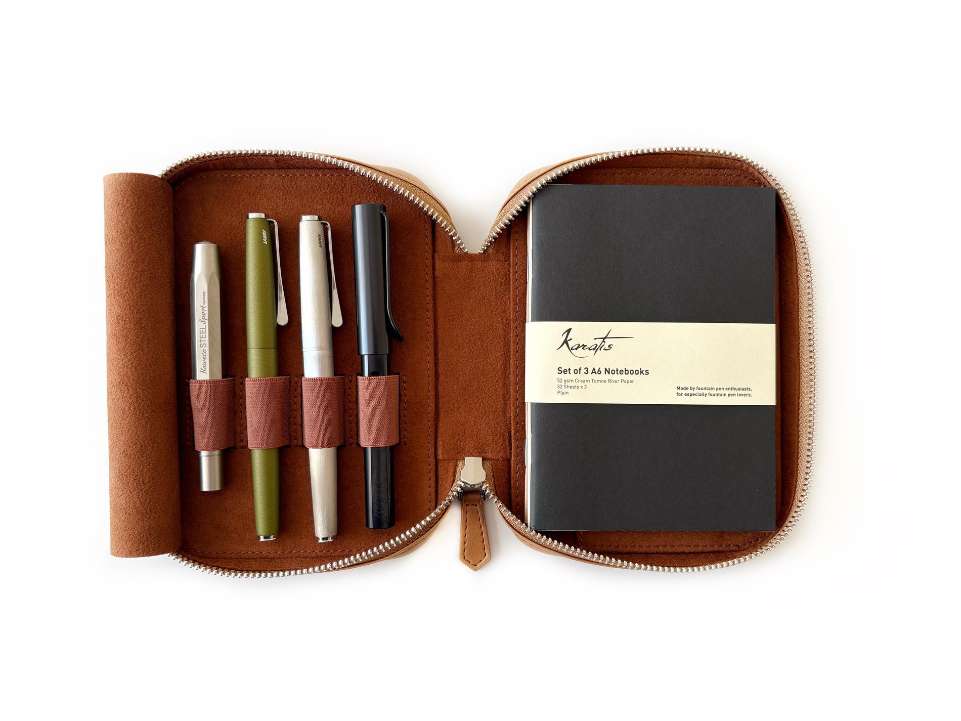 Eng Leather Vegan Apple Skin Sahra - Dark 4 lü Kalem Kılıfı ve A6 Ebatlı Notluk 