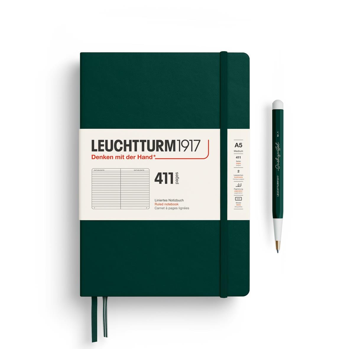 Leuchtturm1917 Not Defteri Orta Boy (A5), Sert Kapak, 411 Numaralandırılmış Sayfa, Çizgili,Forest Green 372929