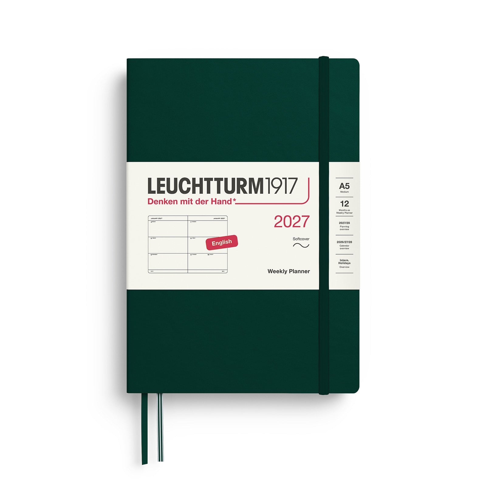 Leuchtturm1917 Planner 2027 - 12M Haftalık Planner Medium A5 2027 Yumuşak Kapaklı İngilizce Forest Green 400298