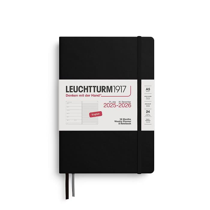 Leuchtturm1917 Orta Boy (A5) 18 Aylık Ajanda ve Not Defteri (Çizgili) 2026 Sert Kapak, İngilizce, Siyah 372796